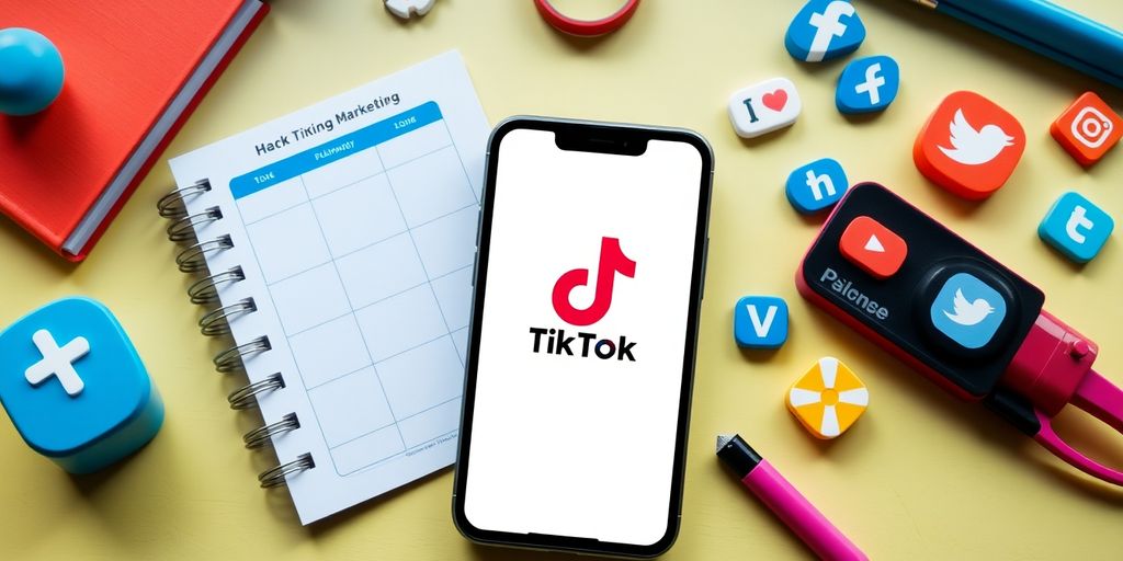 Smartphone mit TikTok-App und Marketing-Tools auf einem Tisch.