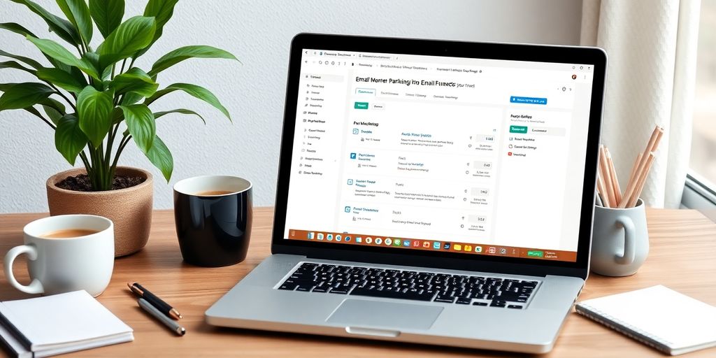 Moderne Arbeitsumgebung mit Laptop und E-Mail-Tools.