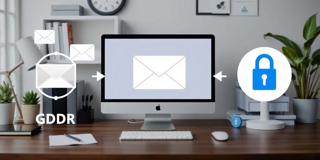 Fotografie eines Arbeitsplatzes mit E-Mail-Symbolen.