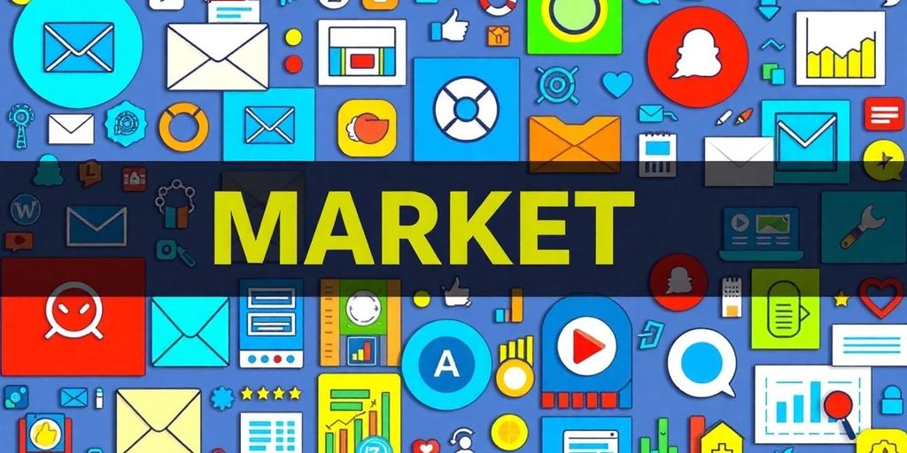 Verschiedene Marketing-Tools in einem bunten Collage-Design.