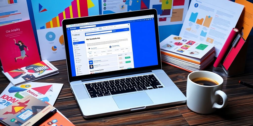 Farbenfrohes Bild von einem Laptop mit Facebook-Werbetools.