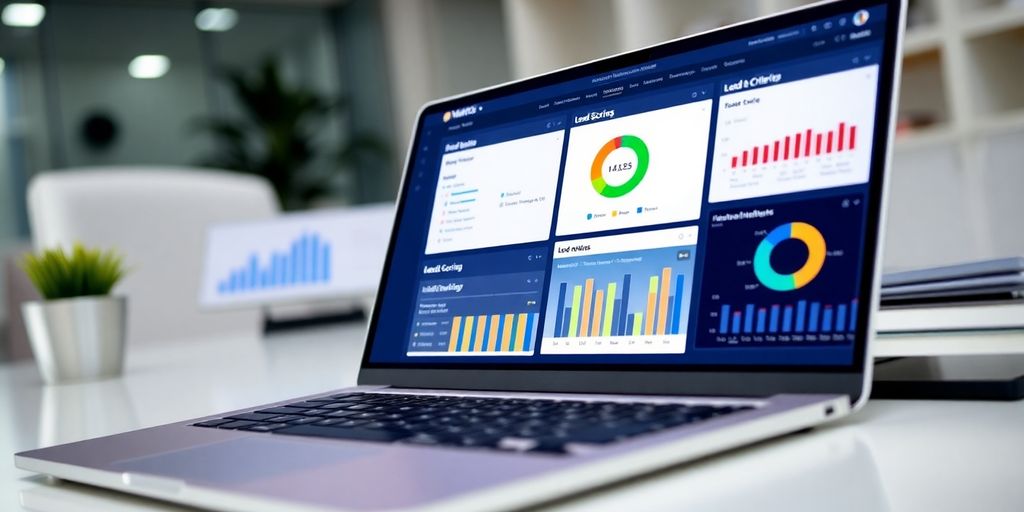 Verschiedene digitale Lead-Scoring-Tools auf einem Laptop.