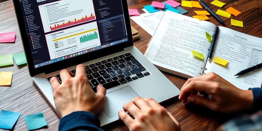 Person bei der Keyword-Recherche am Laptop mit Notizen.