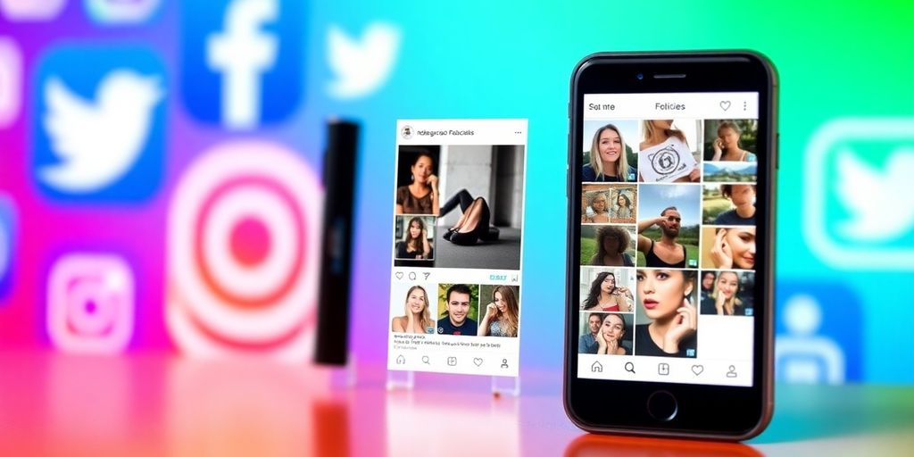 Smartphone mit Instagram-Posts auf buntem Hintergrund.