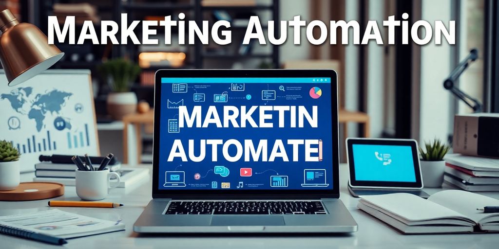 Moderne Arbeitsumgebung mit Marketing-Tools und Laptop.